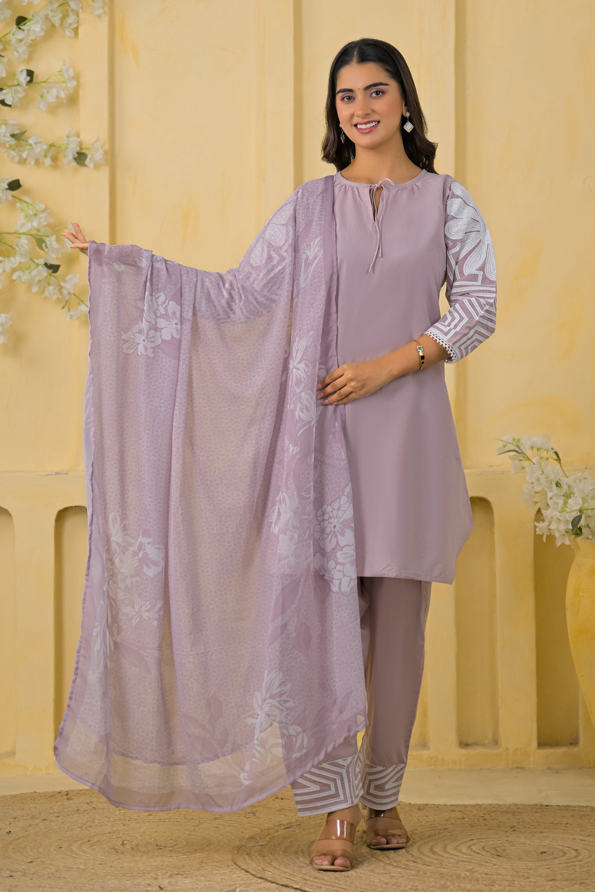 Lilac Cotton Embroidered Farsi Suit Set With Dupatta