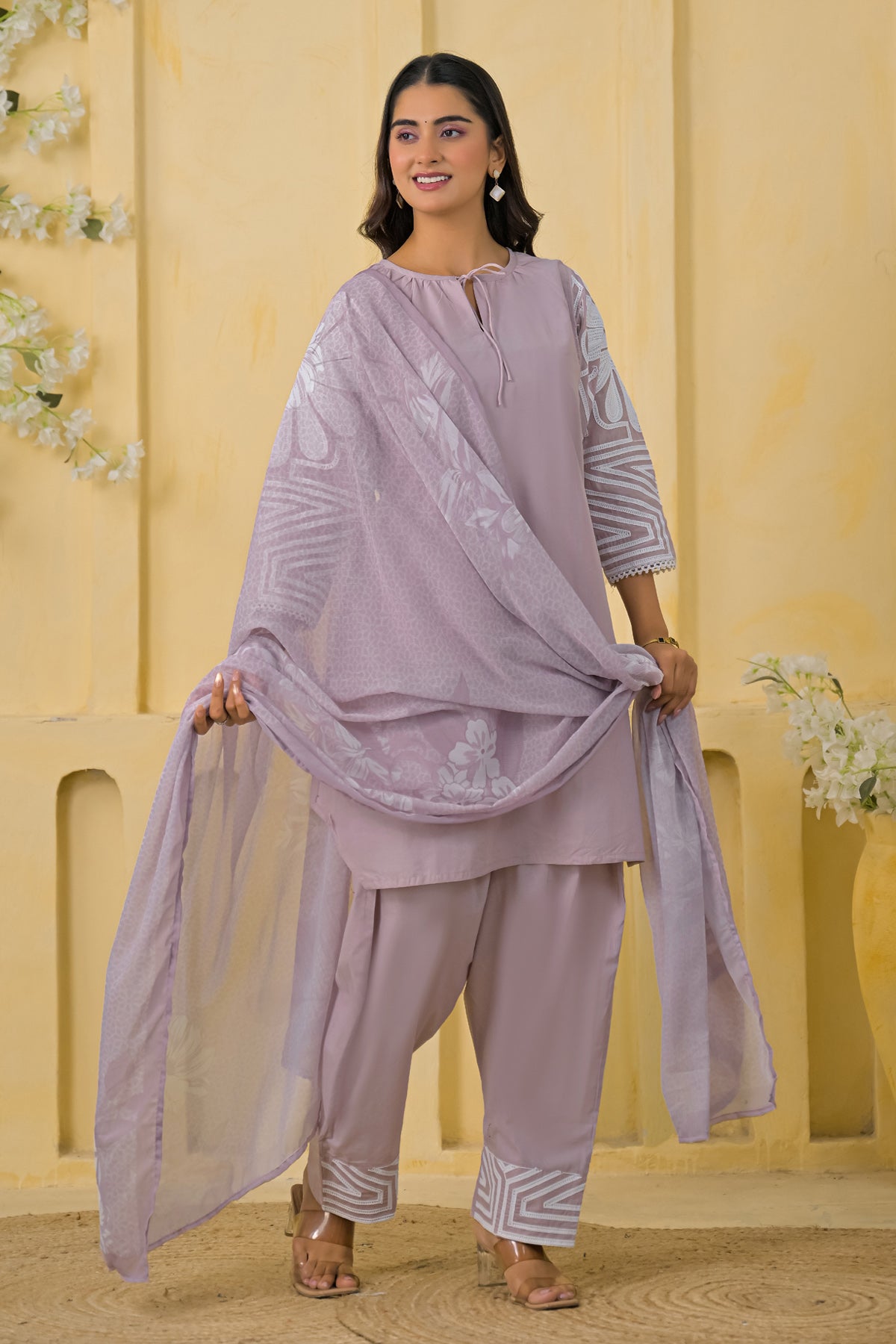 Lilac Cotton Embroidered Farsi Suit Set With Dupatta