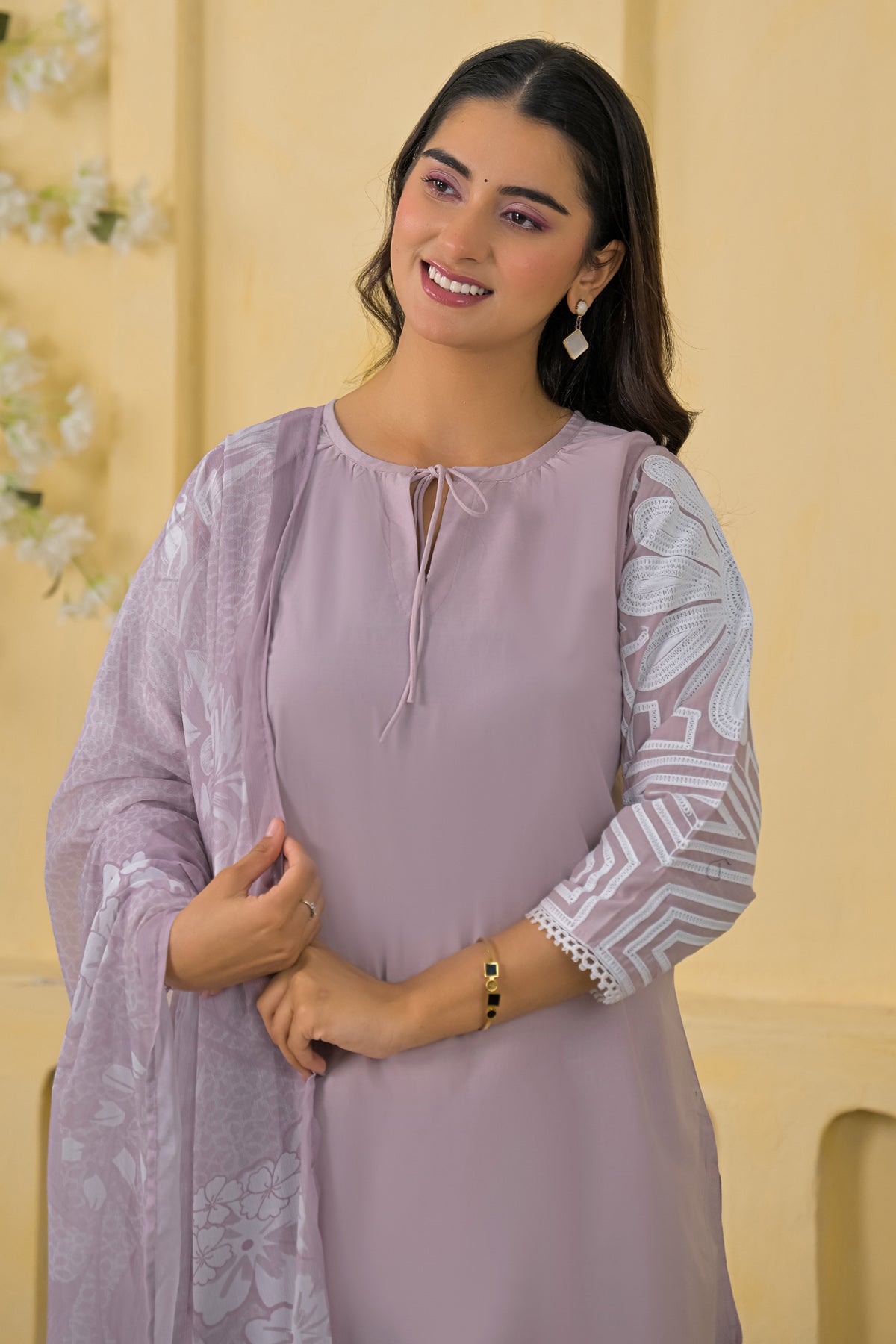 Lilac Cotton Embroidered Farsi Suit Set With Dupatta