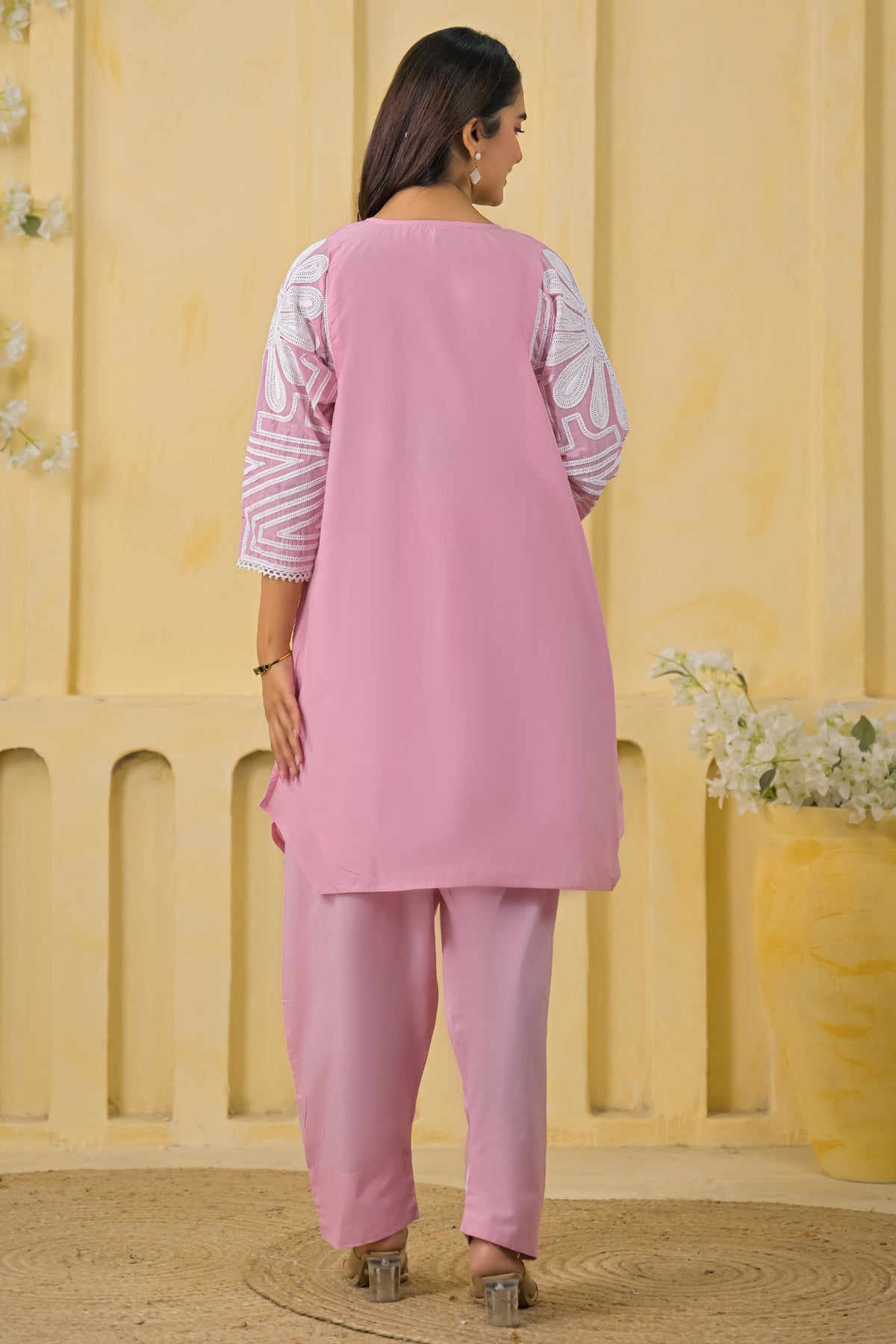 Pink Cotton Embroidered Farsi Suit Set With Dupatta