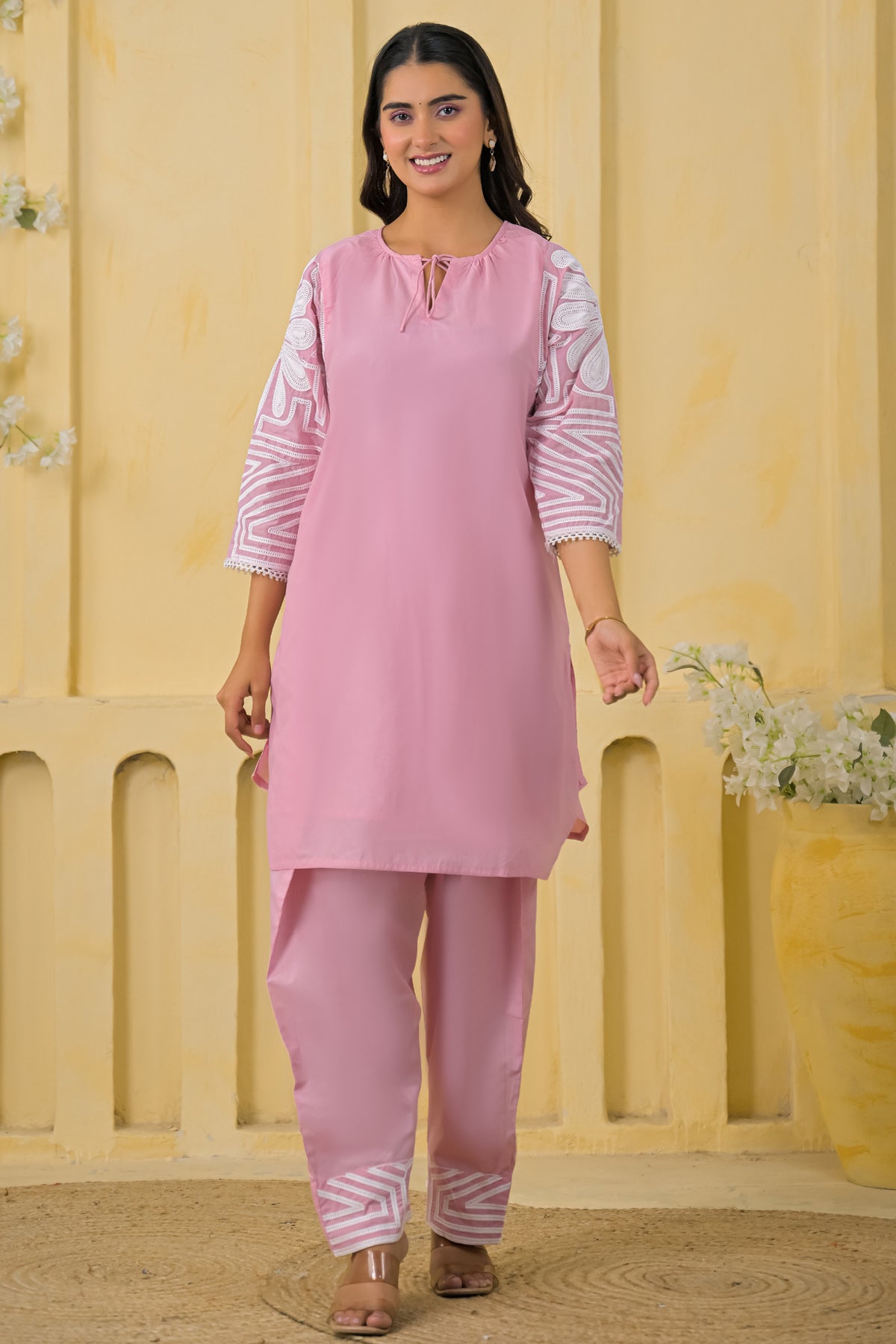 Pink Cotton Embroidered Farsi Suit Set With Dupatta