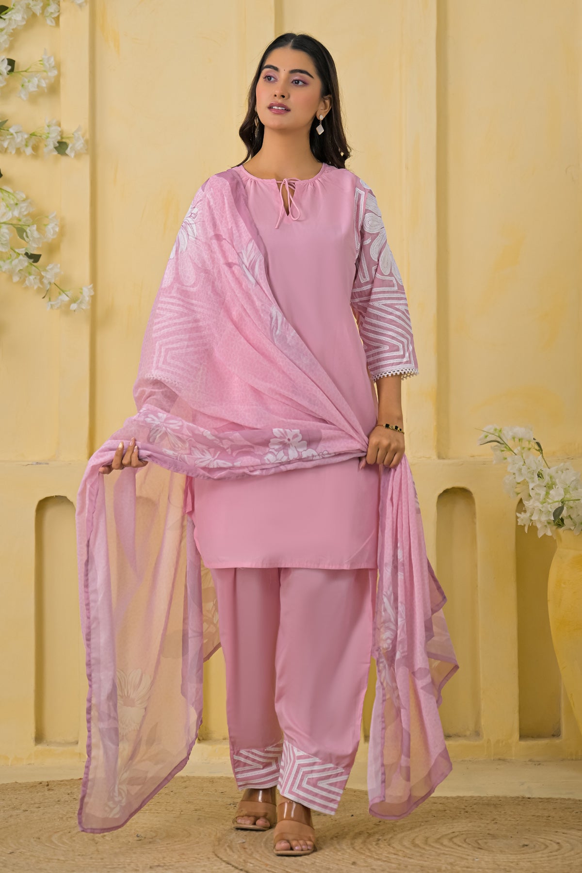 Pink Cotton Embroidered Farsi Suit Set With Dupatta