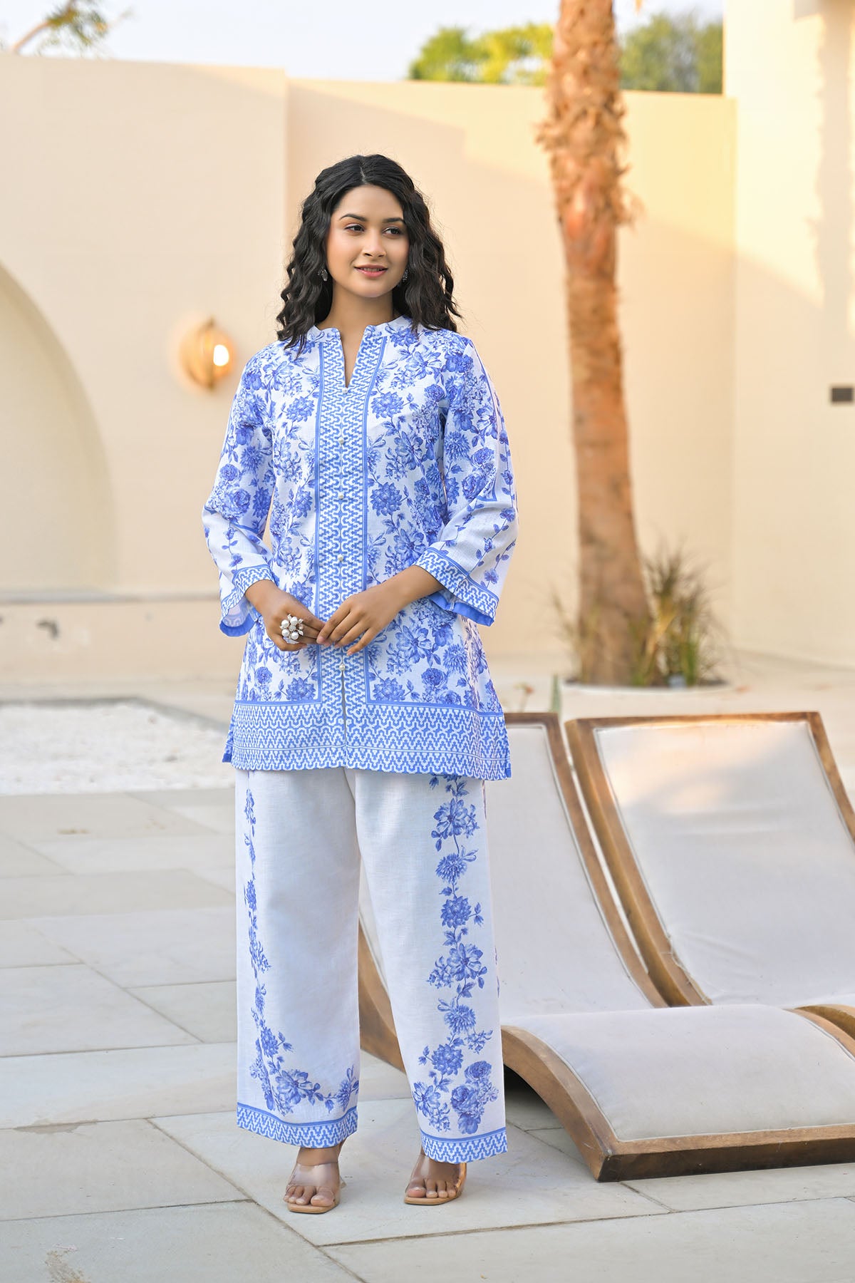 Blue Linen Printed Co-Ord Set