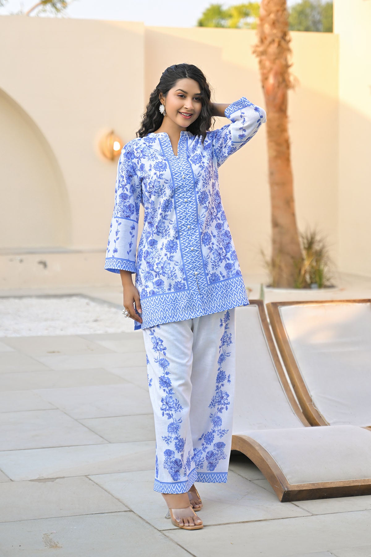 Blue Linen Printed Co-Ord Set