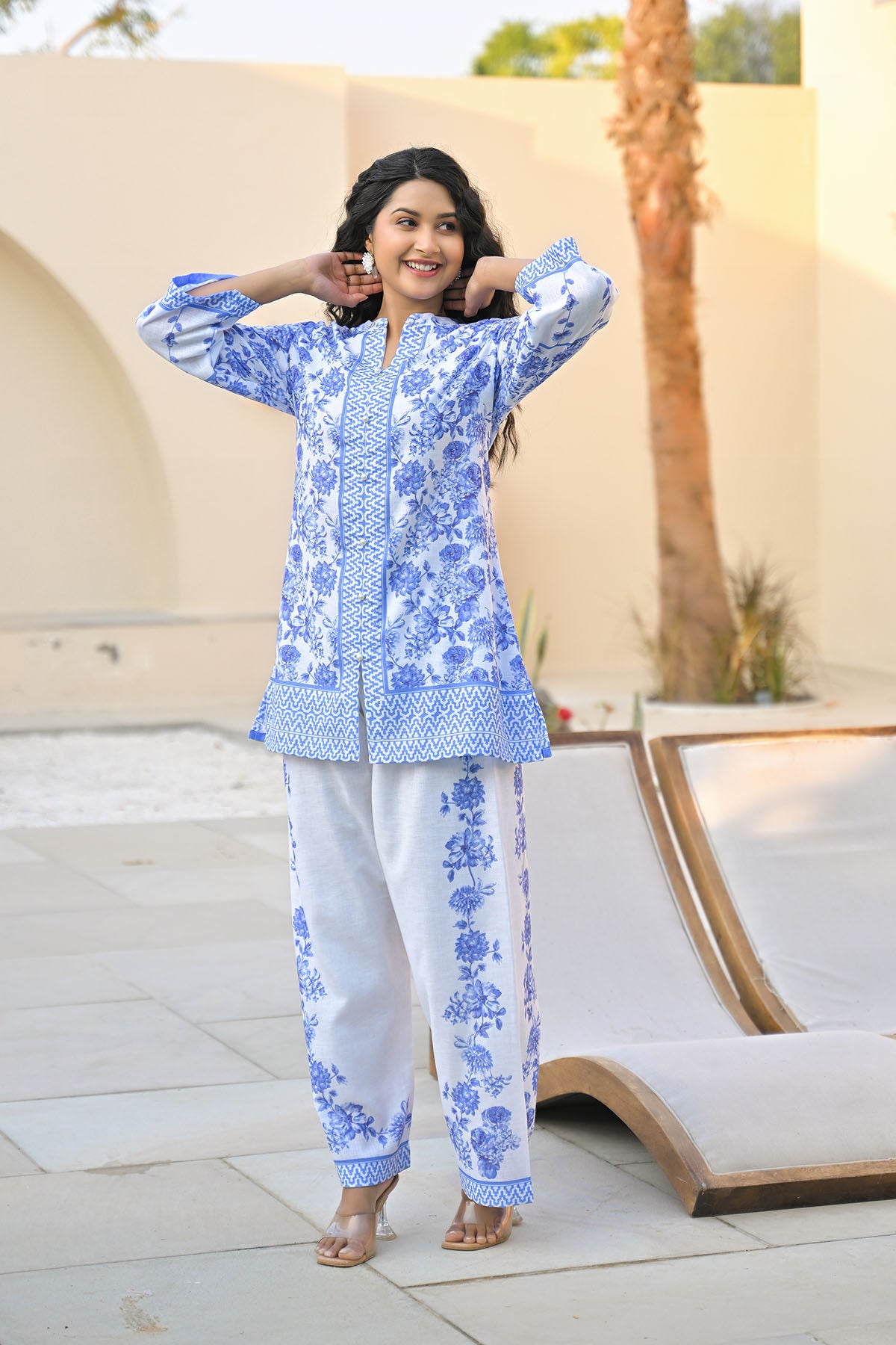 Blue Linen Printed Co-Ord Set