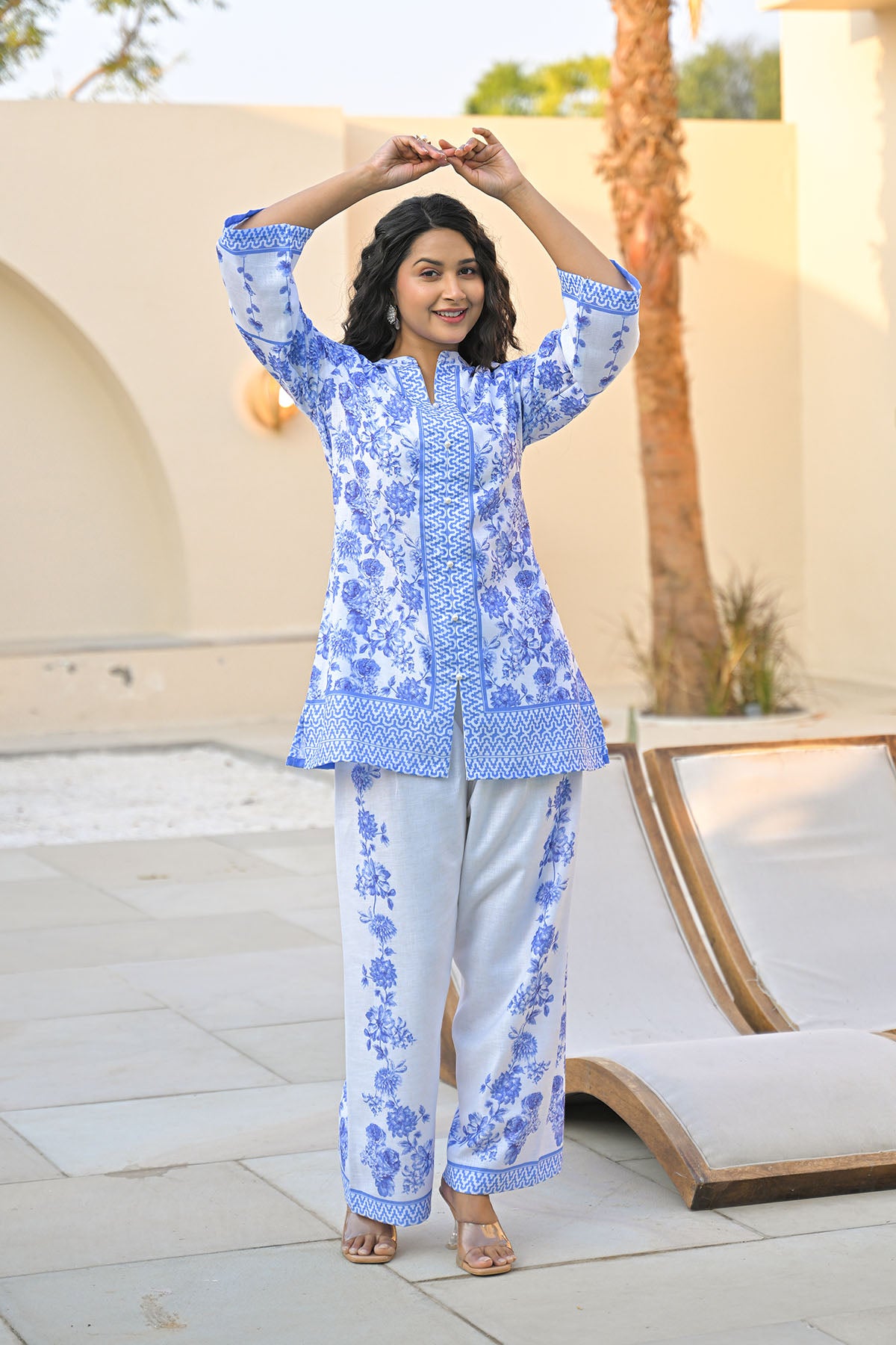 Blue Linen Printed Co-Ord Set