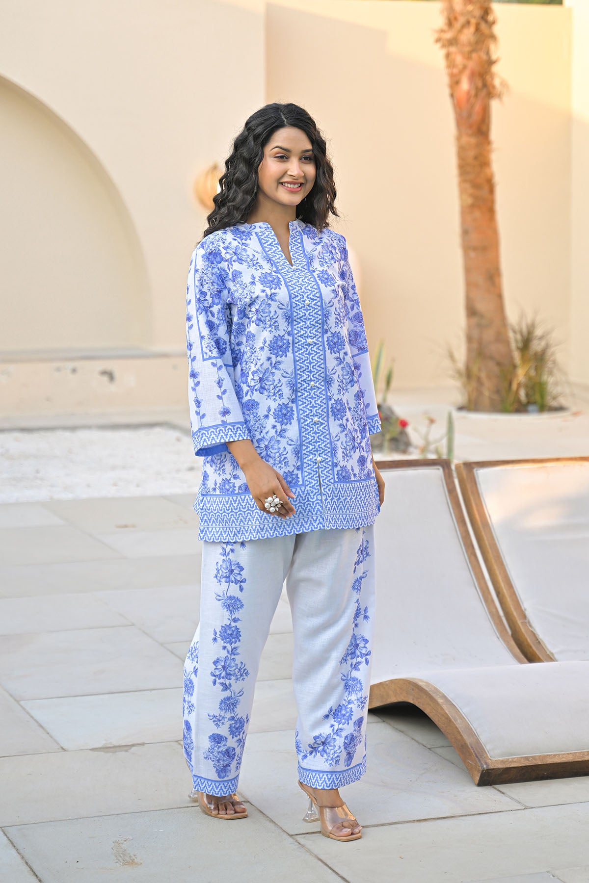 Blue Linen Printed Co-Ord Set