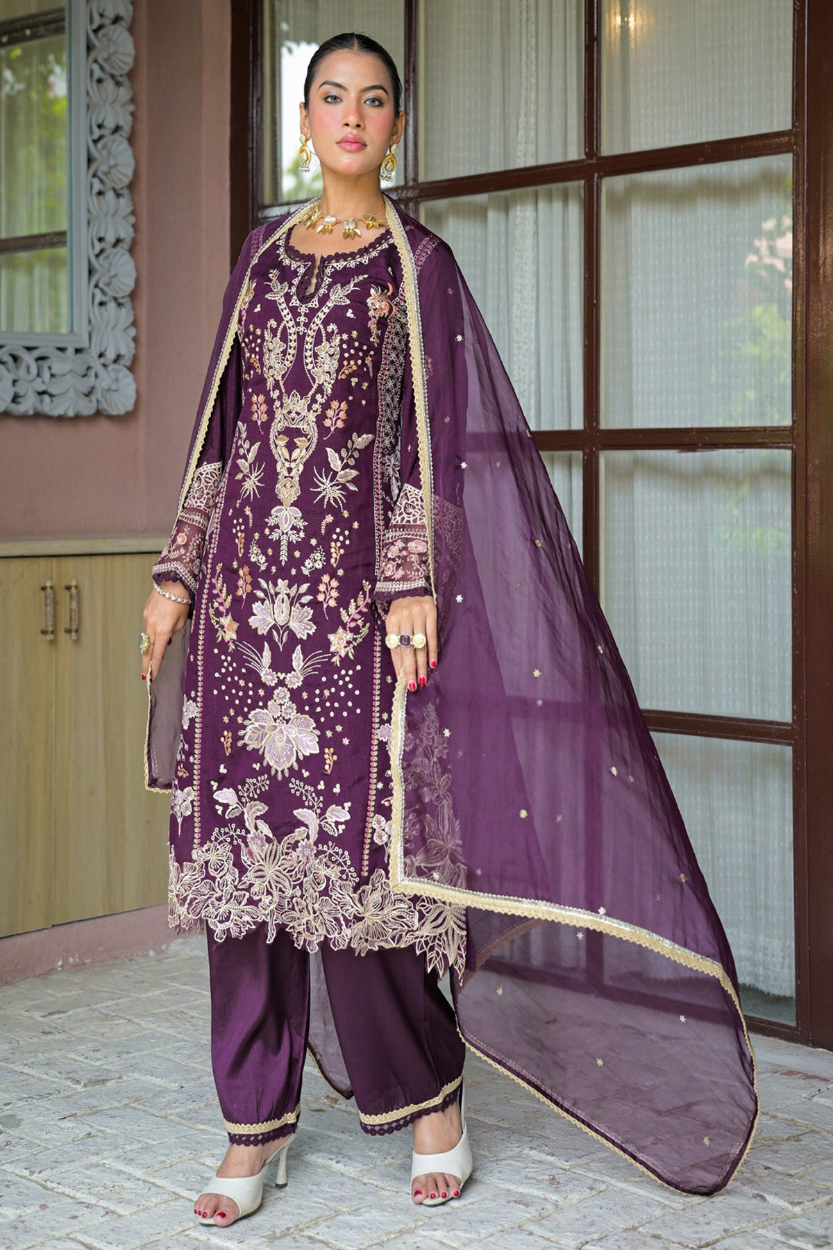 Deep Plum Silk Blend/chambray Embroidered Straight Suit Set With Dupatta