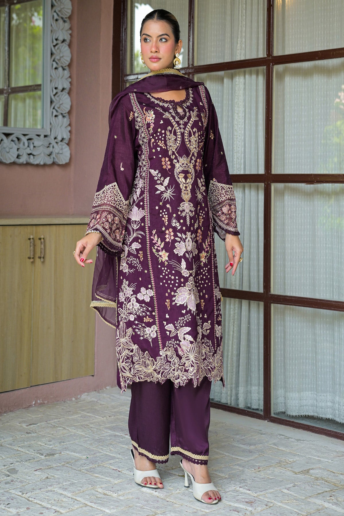 Deep Plum Silk Blend/chambray Embroidered Straight Suit Set With Dupatta