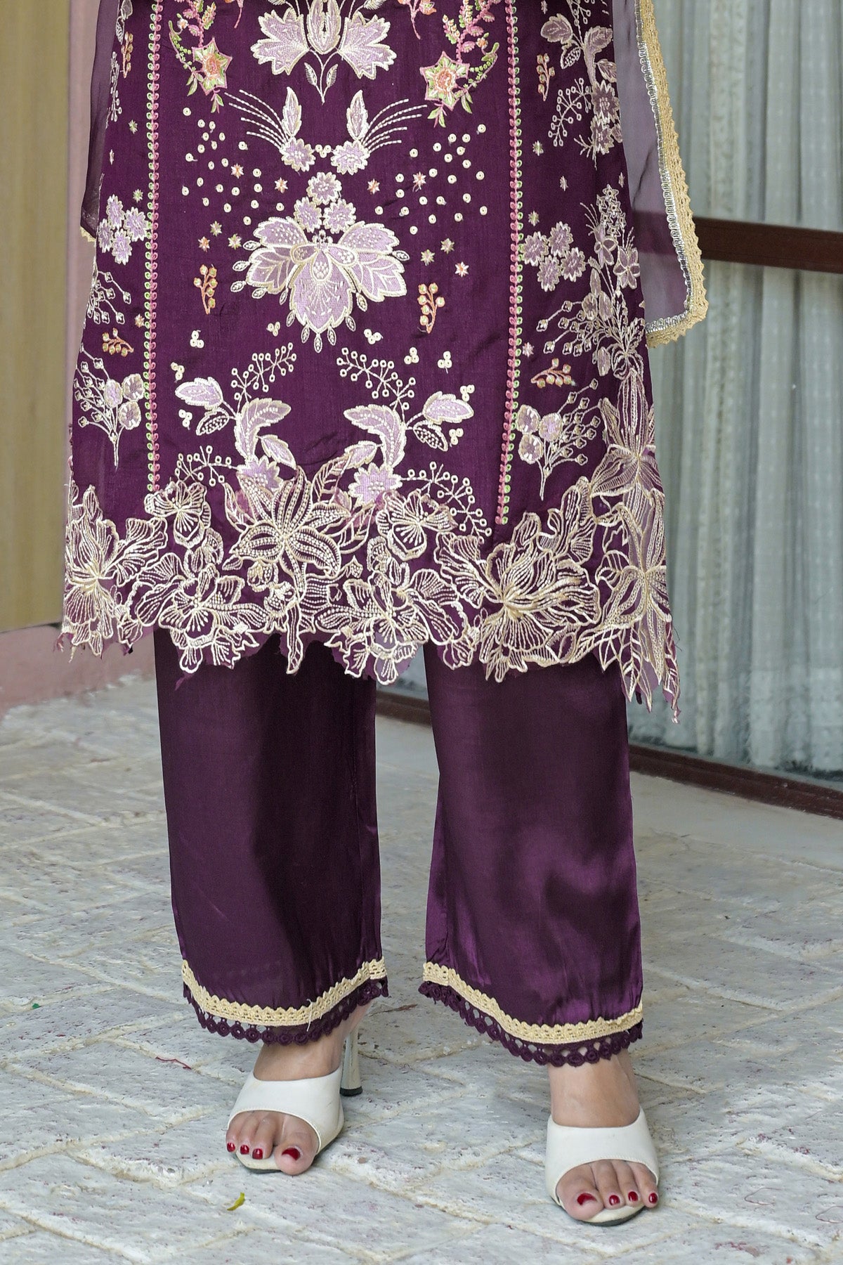 Deep Plum Silk Blend/chambray Embroidered Straight Suit Set With Dupatta