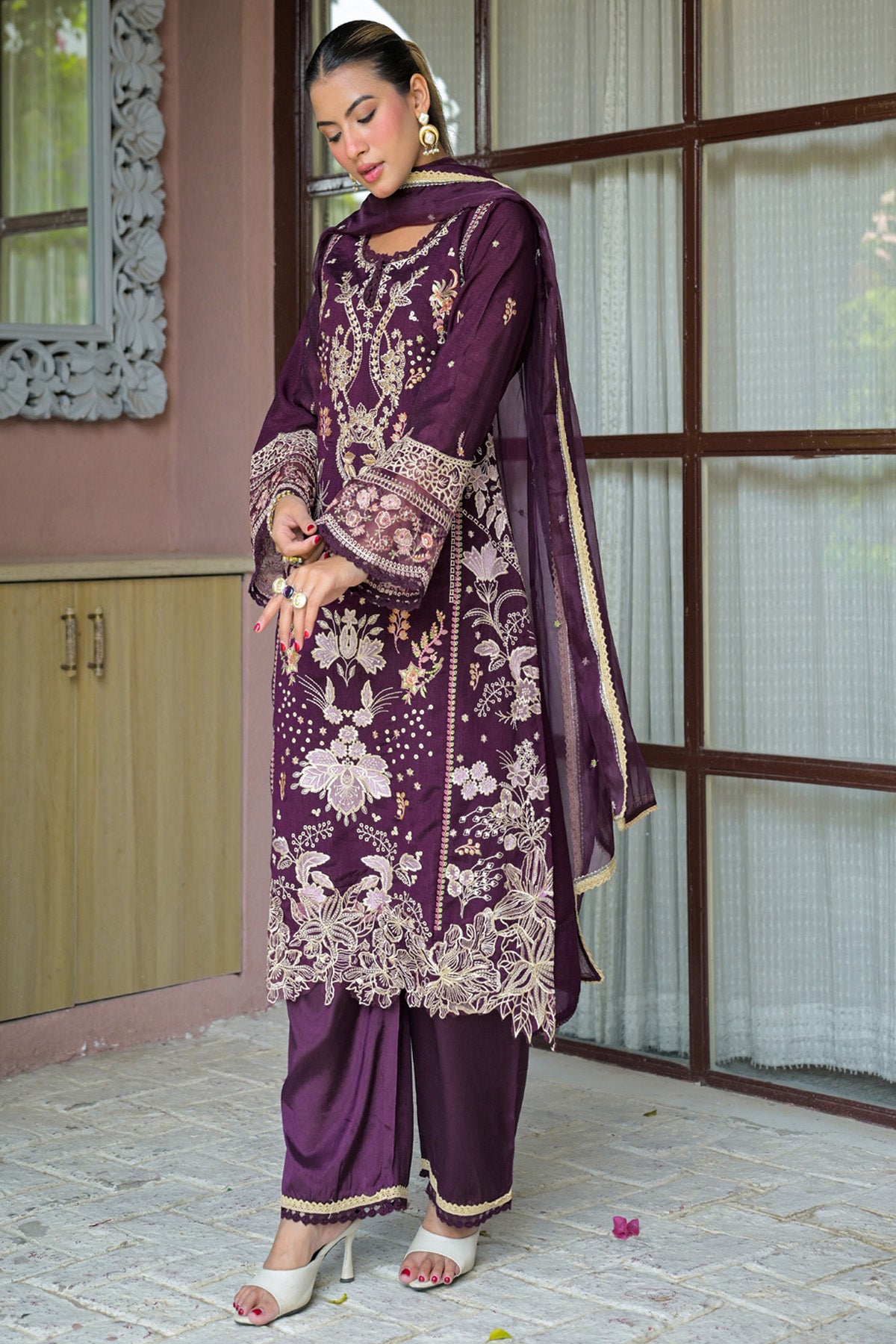 Deep Plum Silk Blend/chambray Embroidered Straight Suit Set With Dupatta
