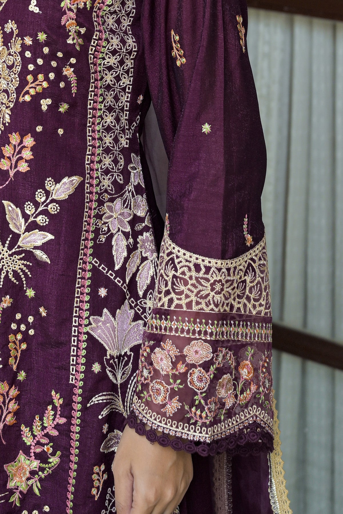 Deep Plum Silk Blend/chambray Embroidered Straight Suit Set With Dupatta