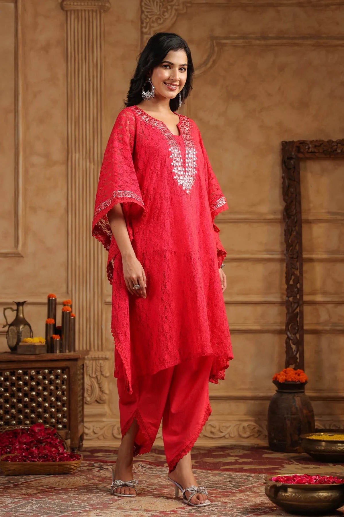 Red Schiffli Net Kaftan Set With Potli Bag