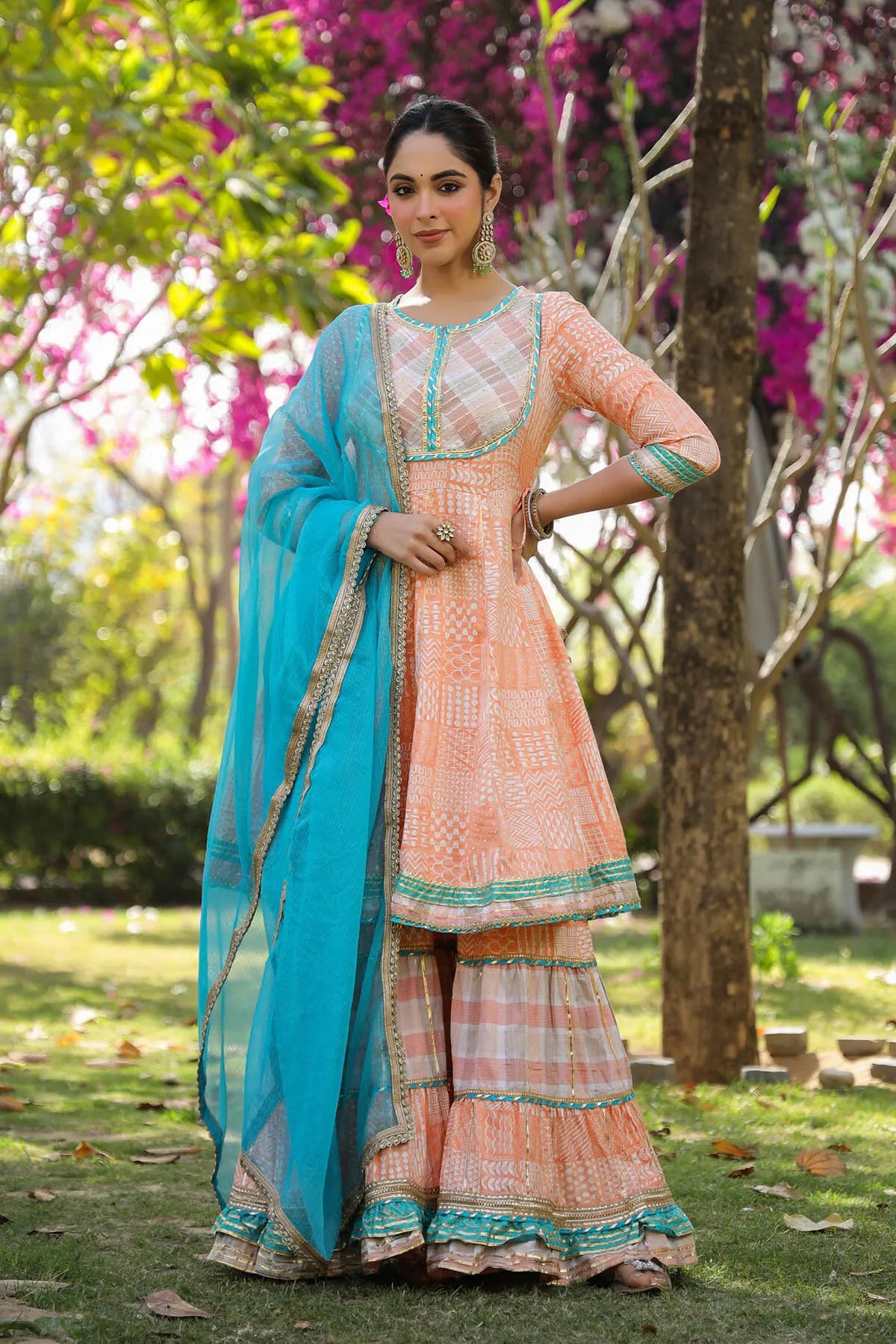 Peach Rayon Gotapatti Sharara Set