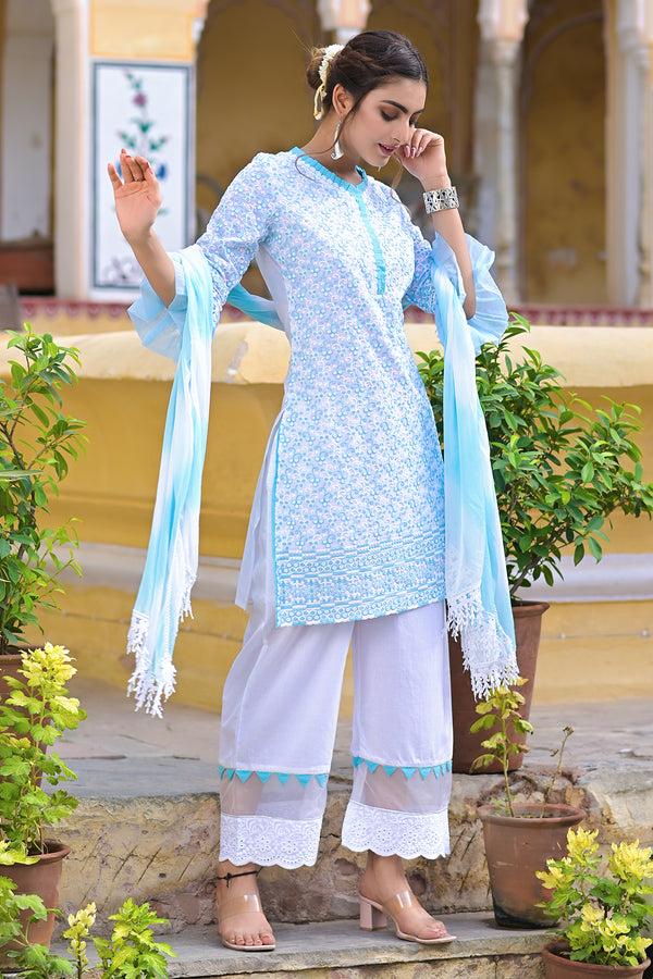 Turquoise Embroidered Cotton Kurta Set