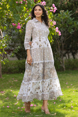 Grey Printed Mulmul Collar Neck Gown
