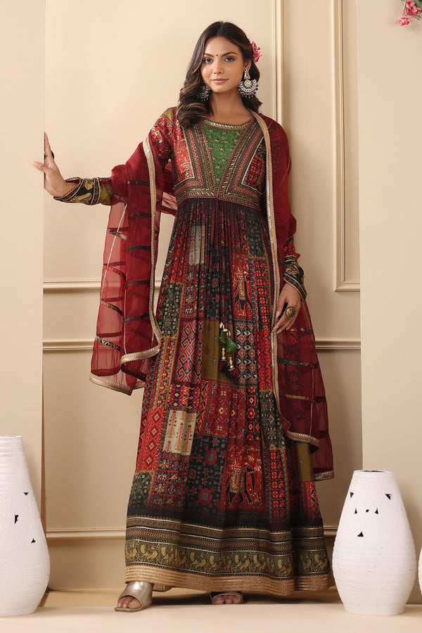 Maroon Muslin Persian Art Print Handwork Gown With Dupatta