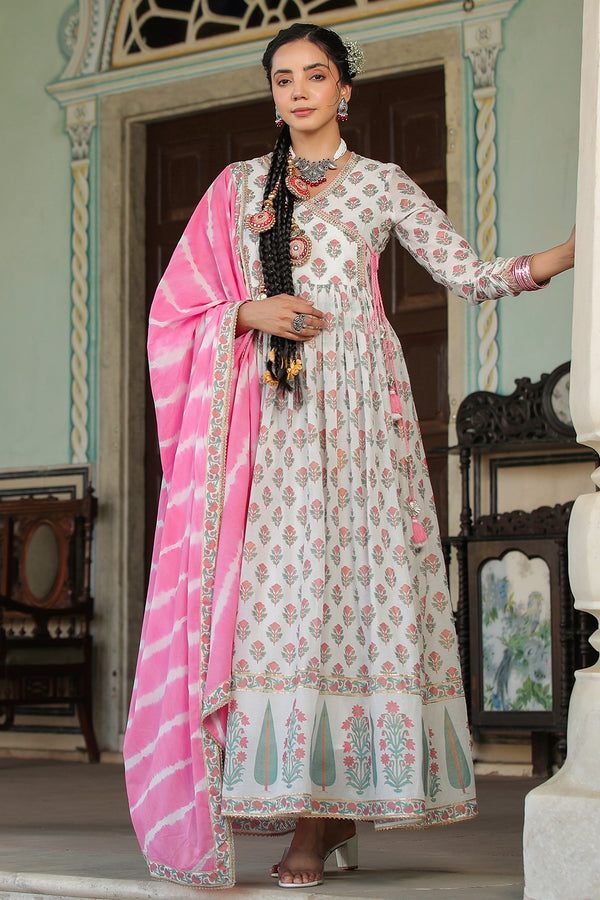 Pink Mulmul Nazraana Mughal Handblock Angrakha Anarkali Set
