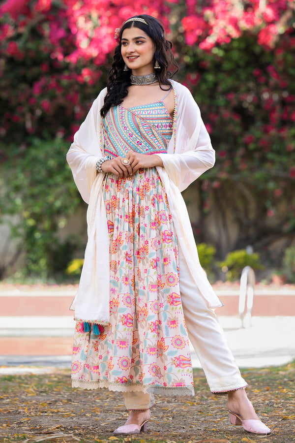 Cream Embroidered Handwork Floral Muslin Kurta With Pants And Dupatta