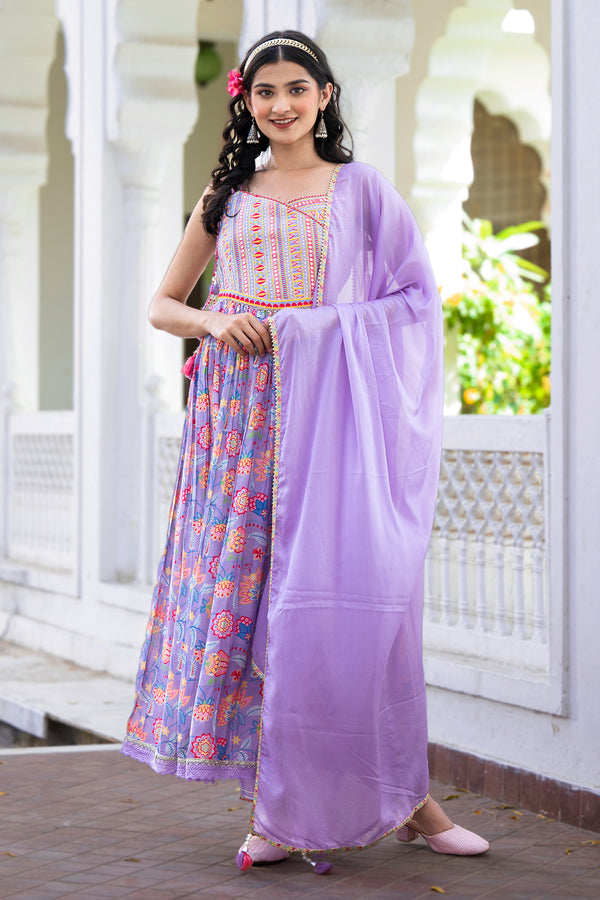 Purple Embroidered Handwork Floral Muslin Kurta With Pants And Dupatta