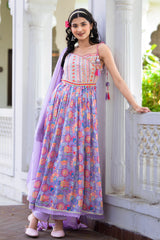 Purple Embroidered Handwork Floral Muslin Kurta With Pants And Dupatta
