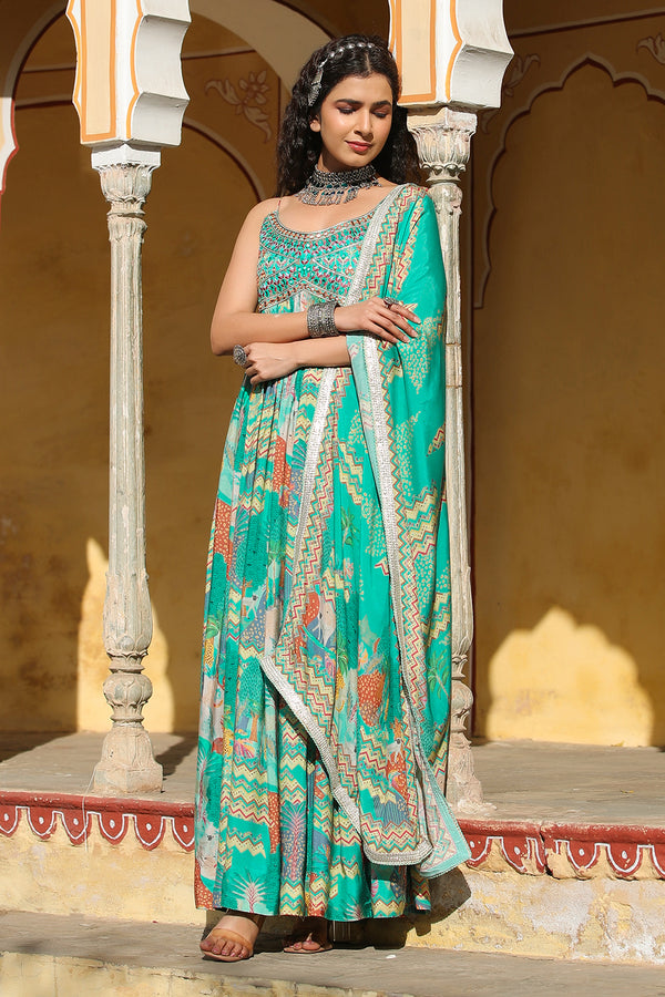 Nature Rama Green Muslin Flared Gown With Tie Dye Dupatta