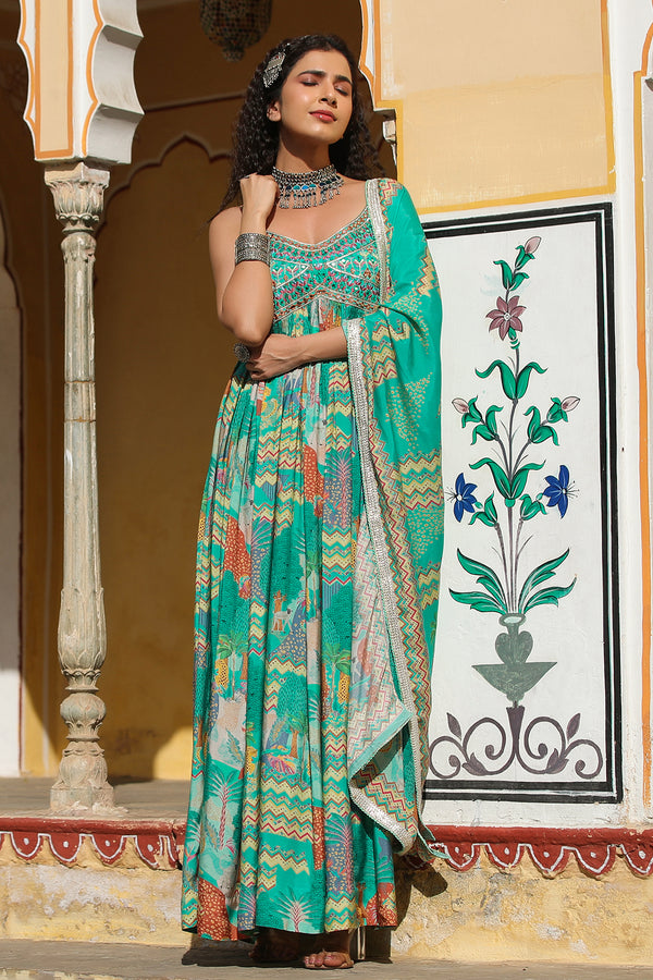 Nature Rama Green Muslin Flared Gown With Tie Dye Dupatta