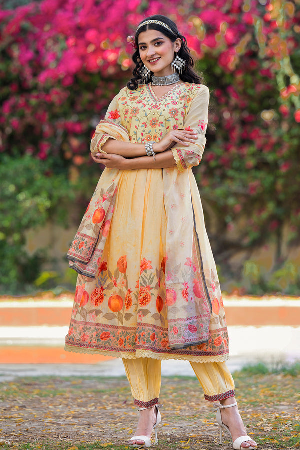 Soft Orange Front Cut Embroidered Mulmul Anarkali With Pants And Dupatta