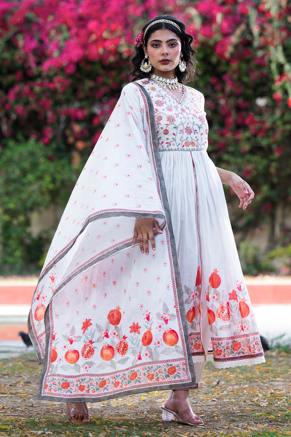 Soft White Front Cut Embroidered Mulmul Anarkali With Pants And Dupatta