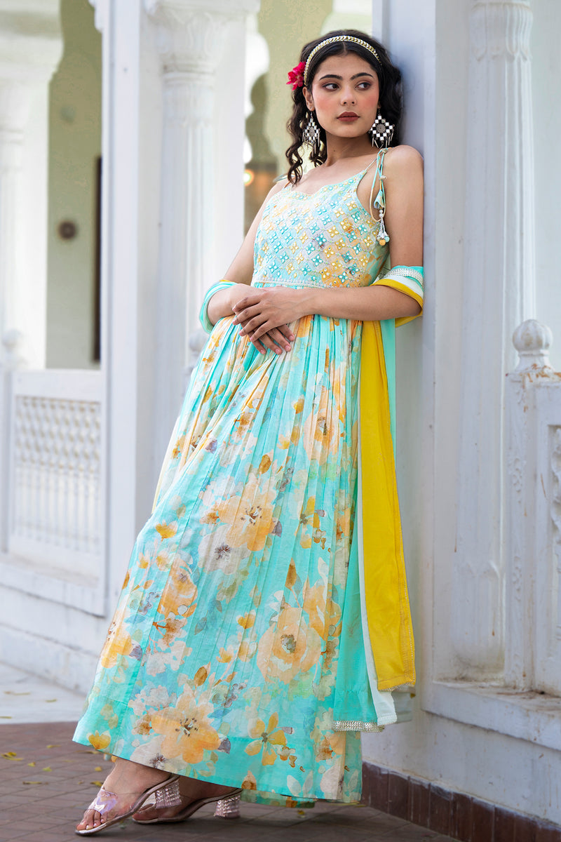 Cyan Green Festive Print Embroidered Long Gown With Dupatta