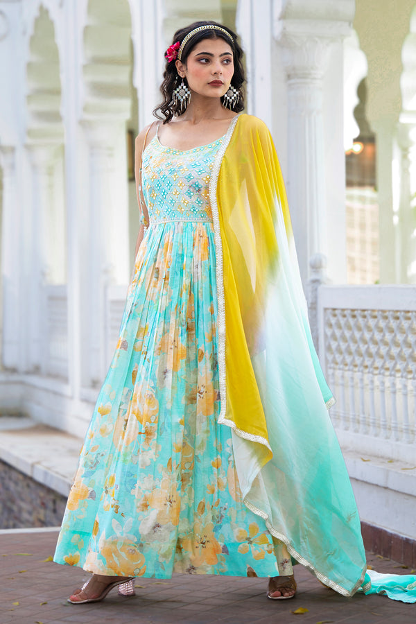Cyan Green Festive Print Embroidered Long Gown With Dupatta