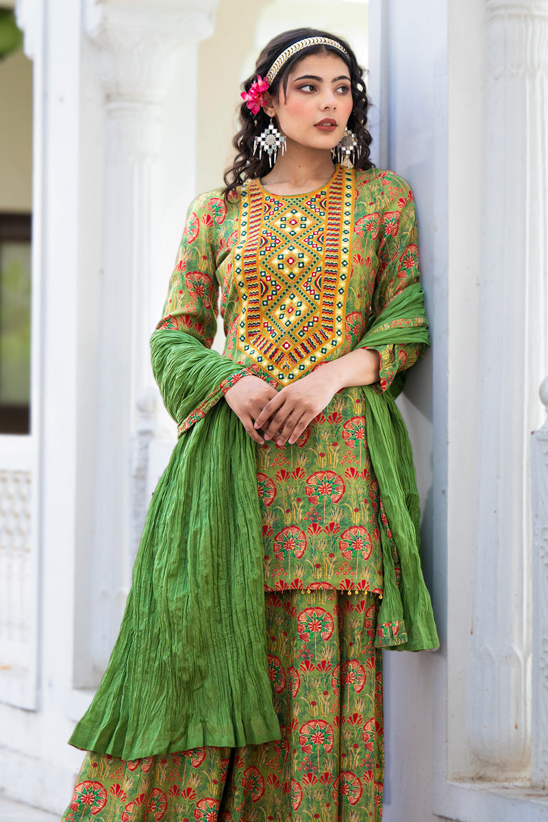 Dark Green Embroidered Kurta With Sharara And Dupatta