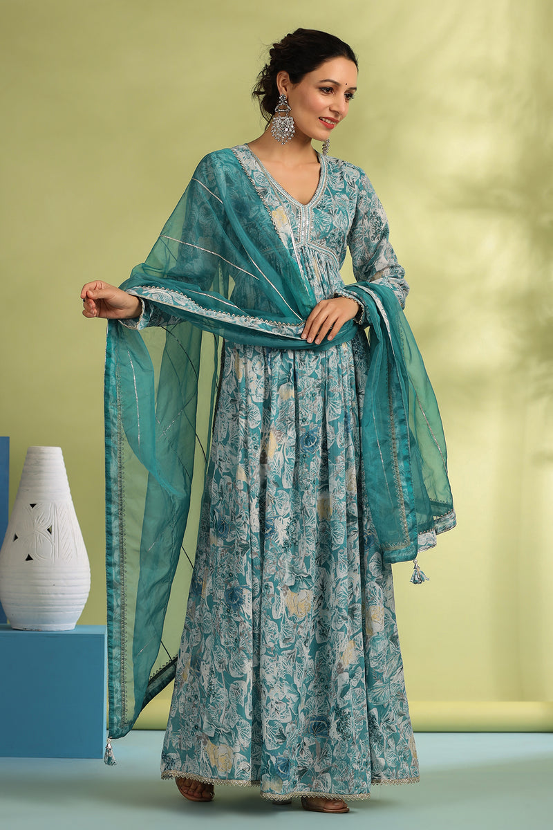 Turquoise Sequins Work Long Mulmul Gown And Dupatta