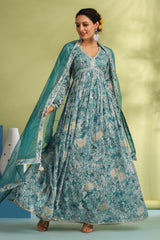 Turquoise Sequins Work Long Mulmul Gown And Dupatta