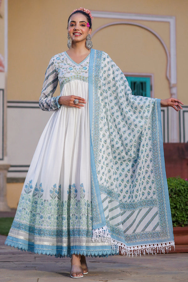 Asmani Blue Mul Embroidered Long Festive Gown