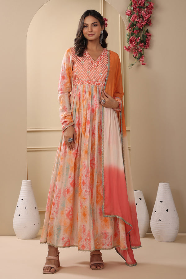 Orange Muslin Soft Print Long Gown With Ombre Tie Dye Dupatta