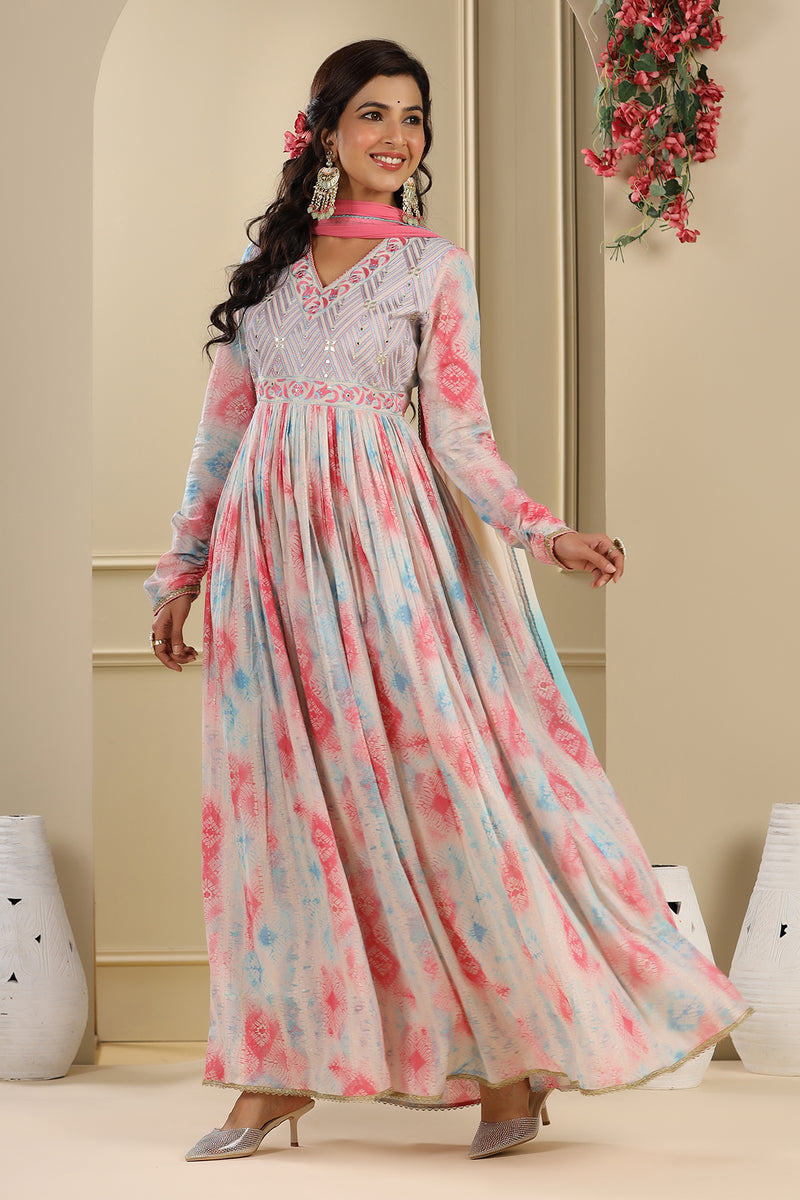 White Peach Muslin Soft Print Long Gown With Ombre Tie Dye Dupatta