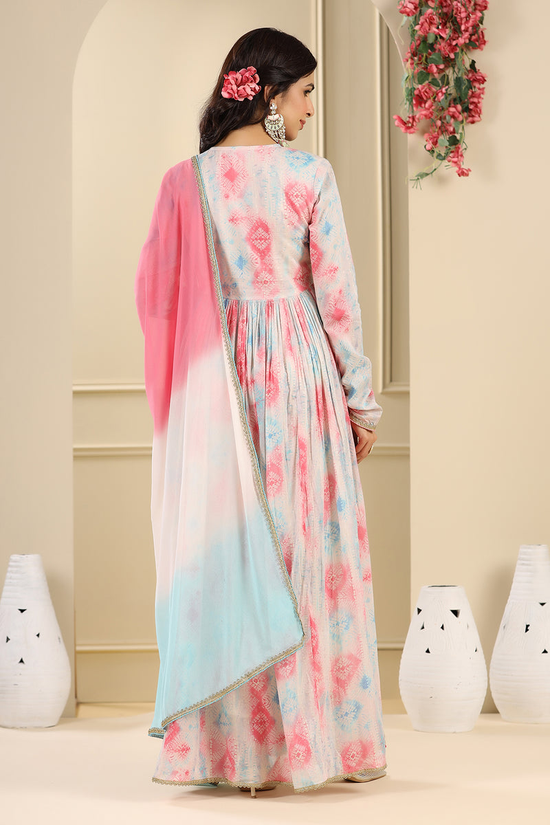 White Peach Muslin Soft Print Long Gown With Ombre Tie Dye Dupatta