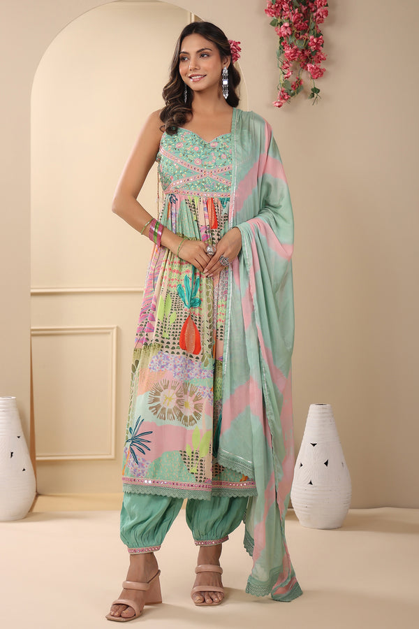 Green Muslin Embroidered Kurta With Pants And Tie Dye Dupatta