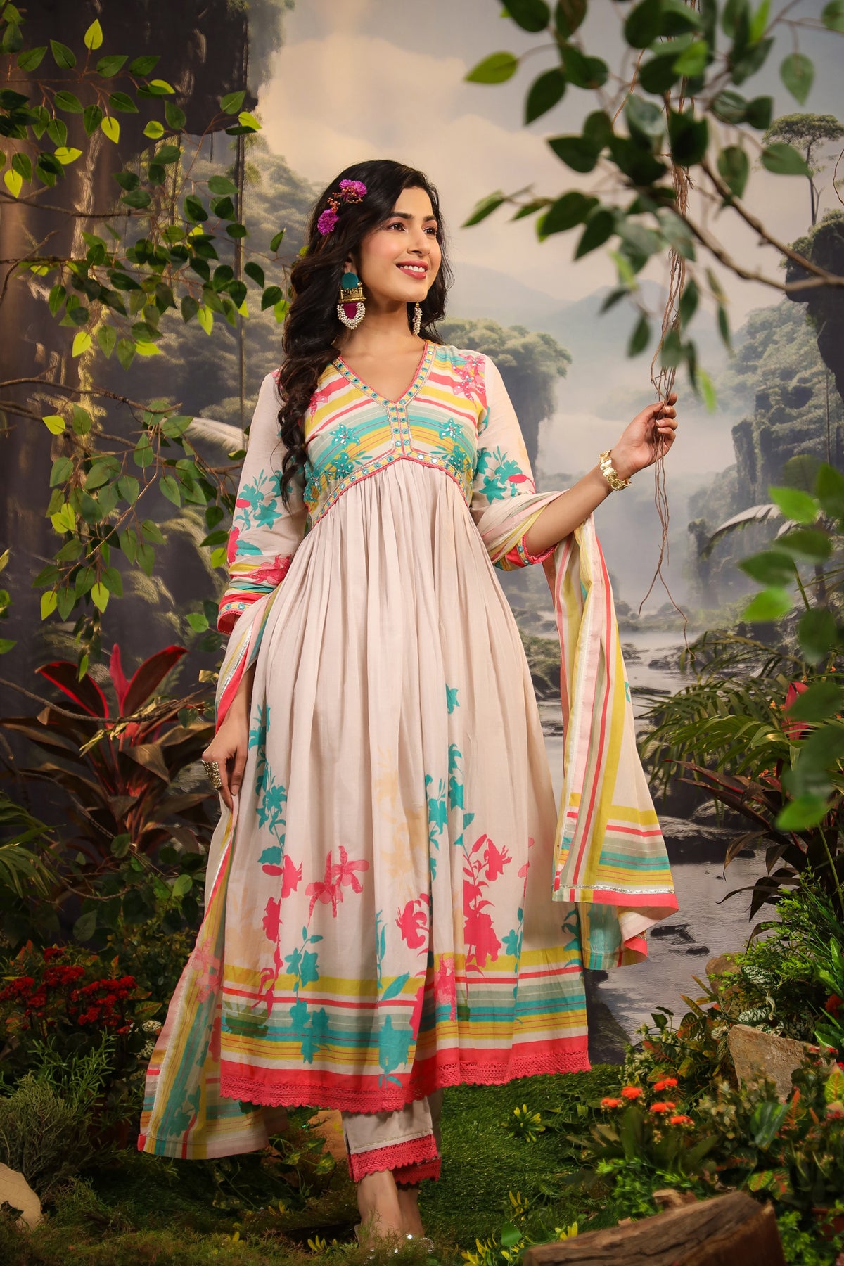 Ivory Floral Cotton Printed Anarkali Suit