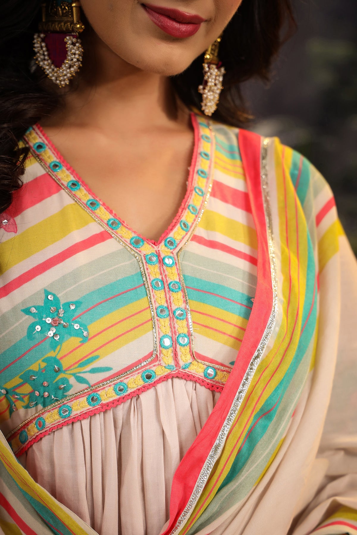 Ivory Floral Cotton Printed Anarkali Suit