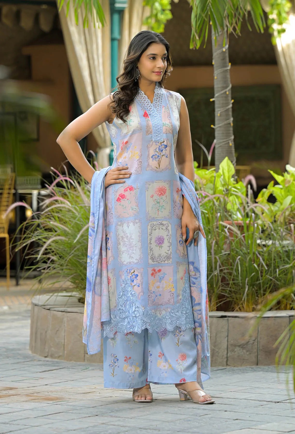 Blue Cotton Embroidered Straight Cut Suit Set