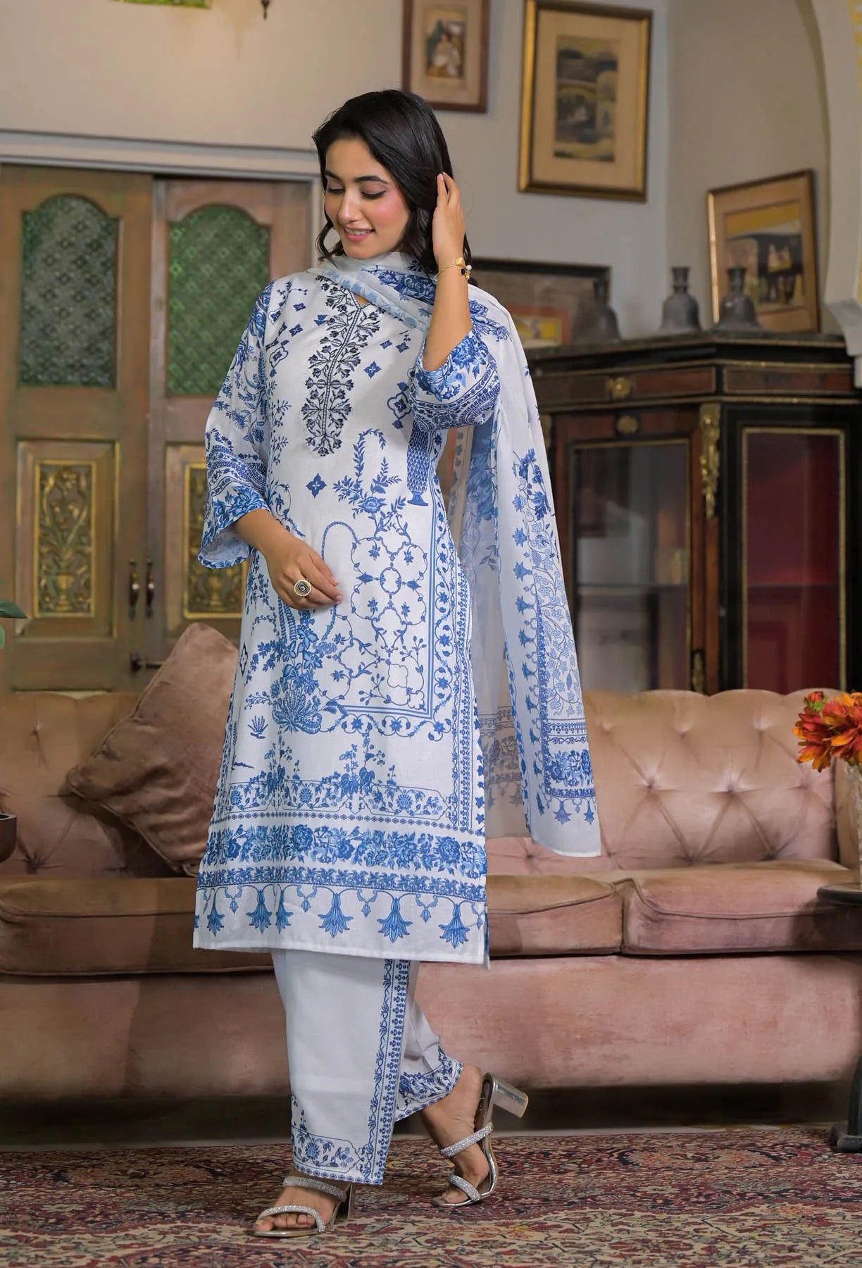 White Blue Linen Printed Straight Cut Suit Set | Bairaas