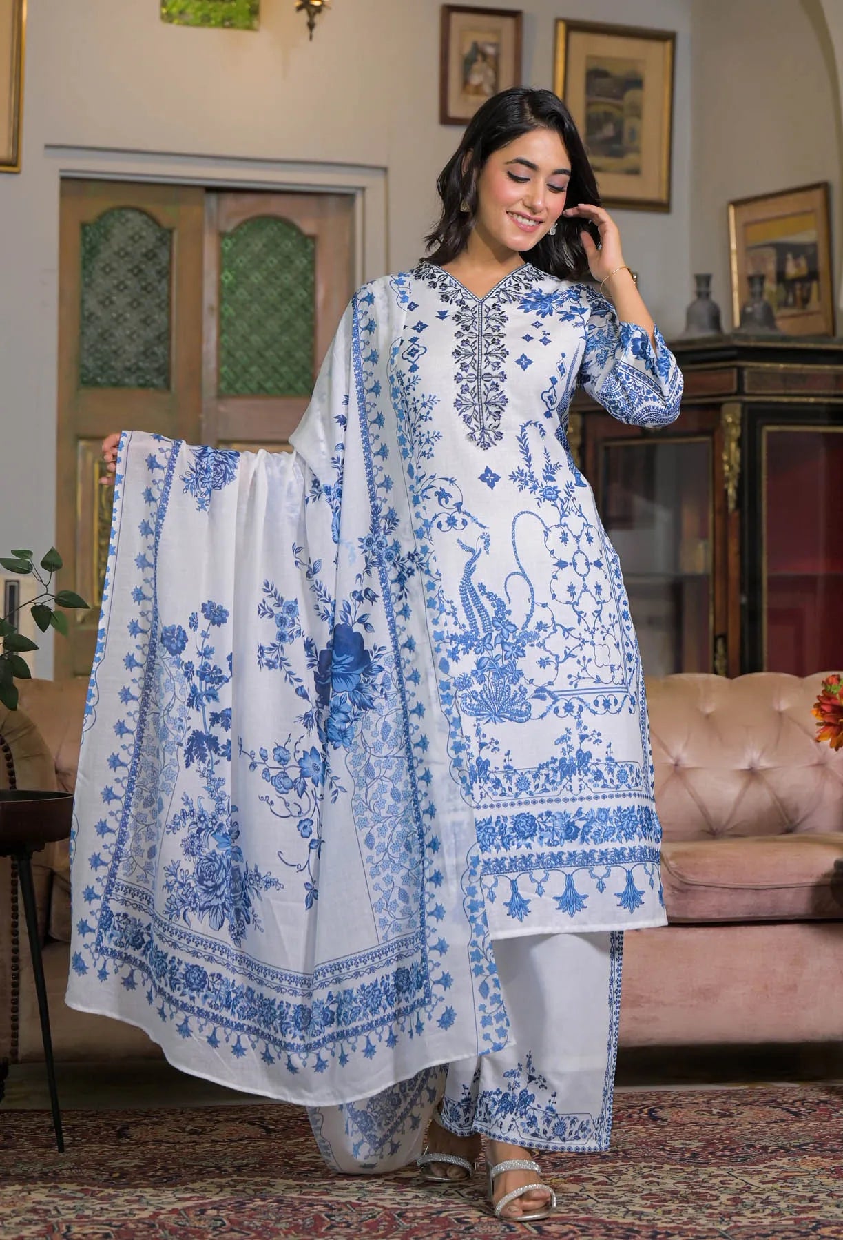 White Blue Linen Printed Straight Cut Suit Set | Bairaas