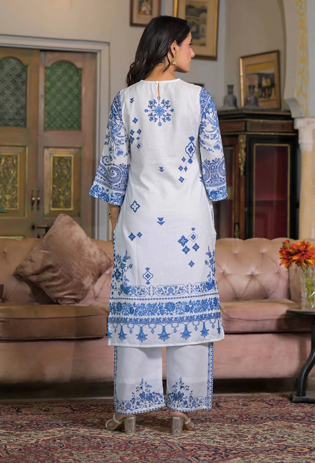 White Blue Linen Printed Straight Cut Suit Set | Bairaas