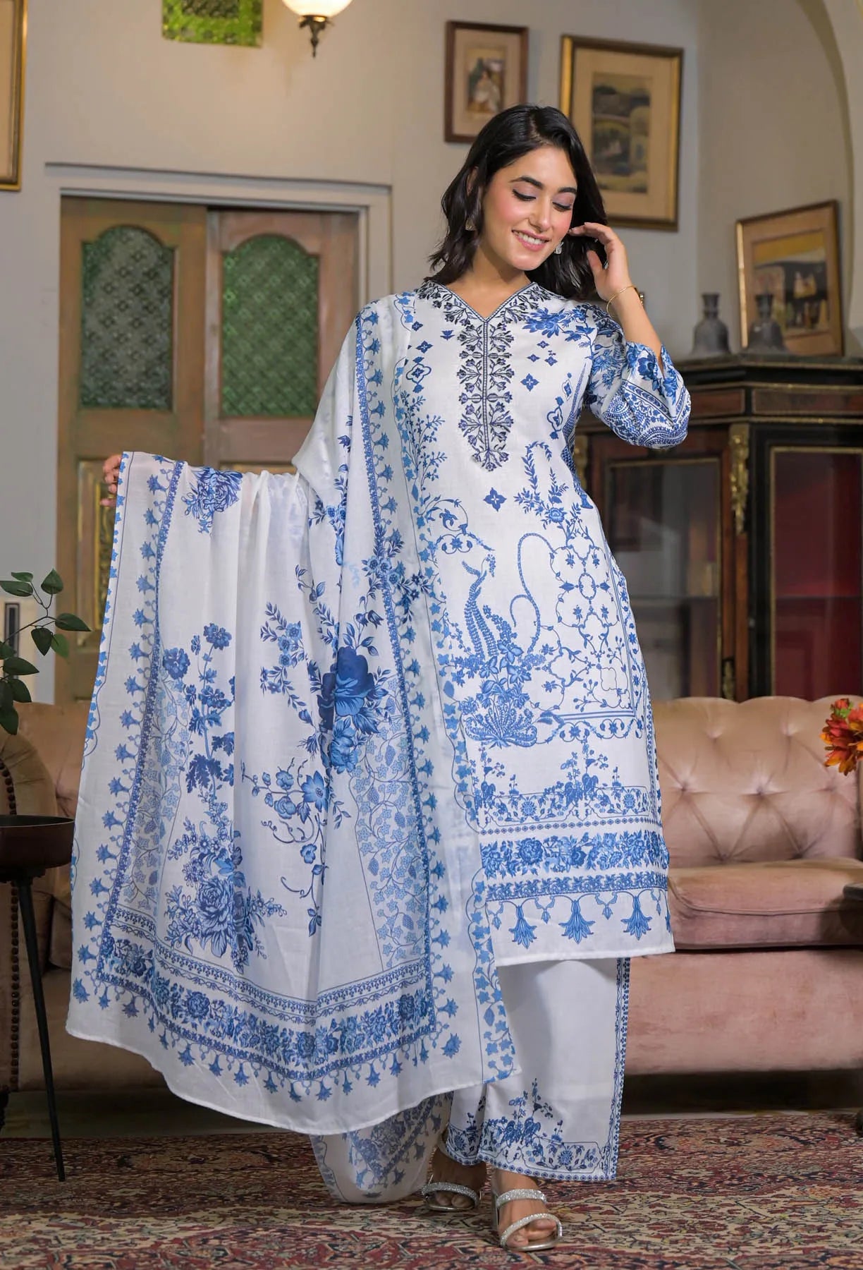 White Blue Linen Printed Straight Cut Suit Set | Bairaas
