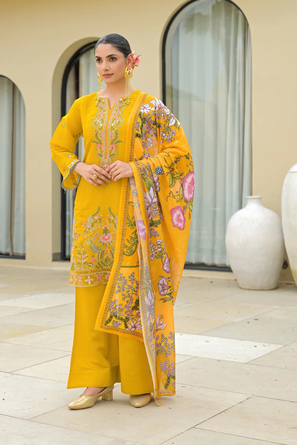 Yellow Mul Chanderi Embroidered Straight Cut Suit Set