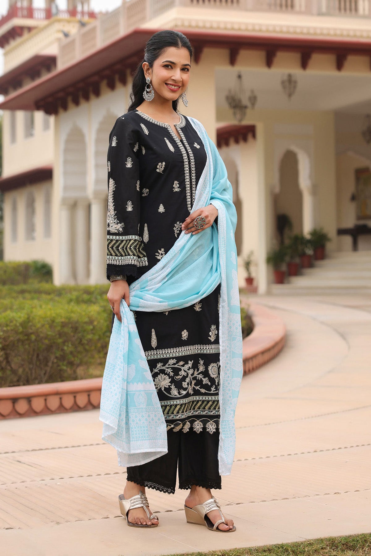 Black Cotton Embroidered Kurta Set With Dupatta