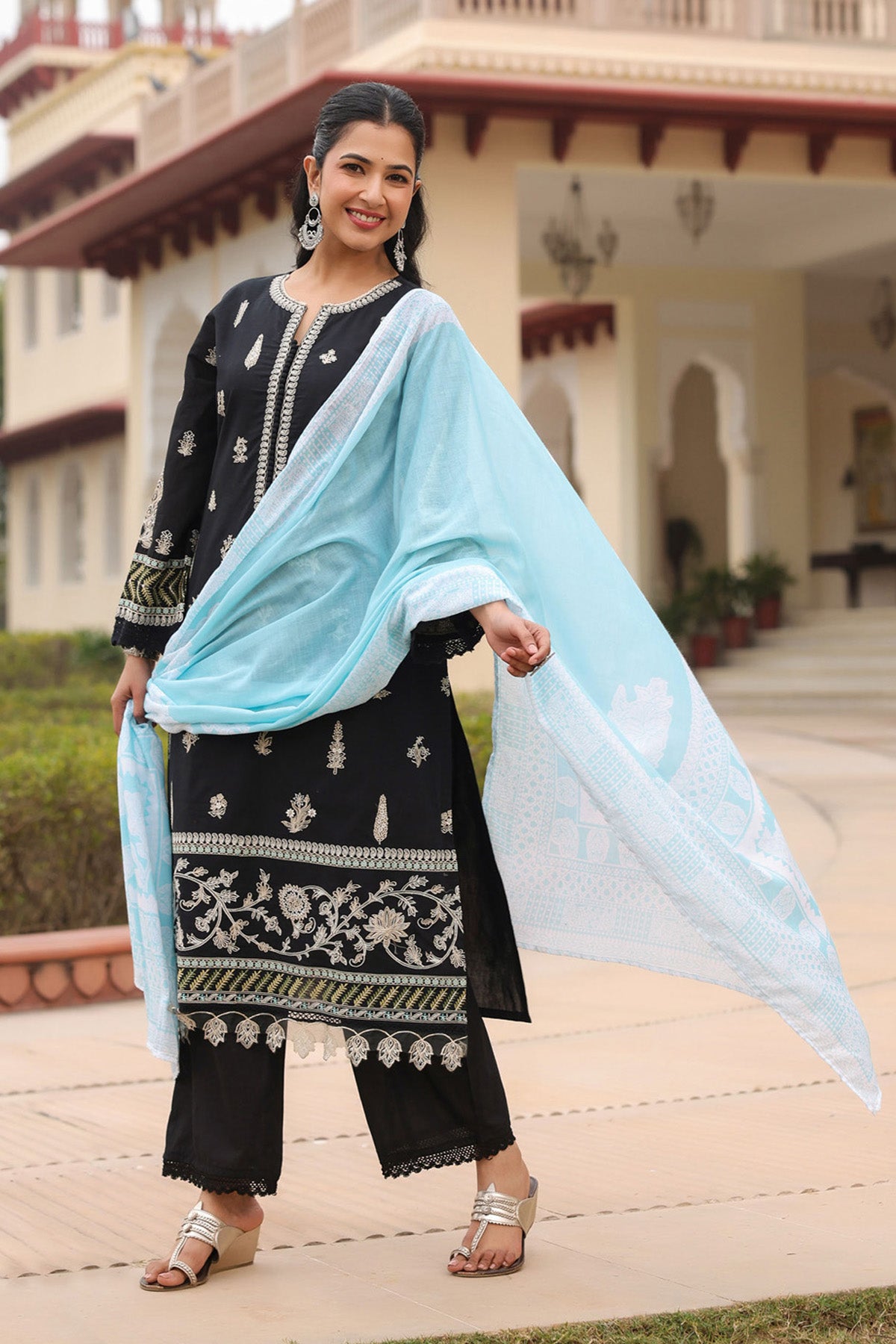 Black Cotton Embroidered Kurta Set With Dupatta