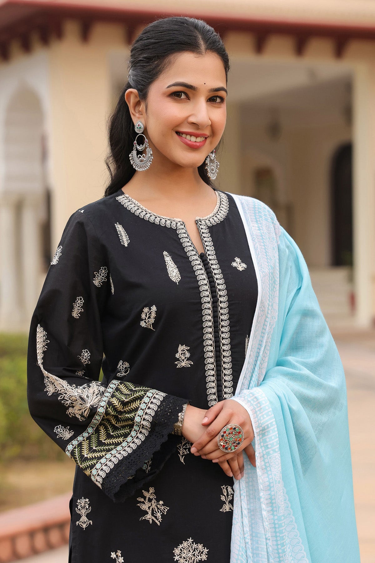 Black Cotton Embroidered Kurta Set With Dupatta